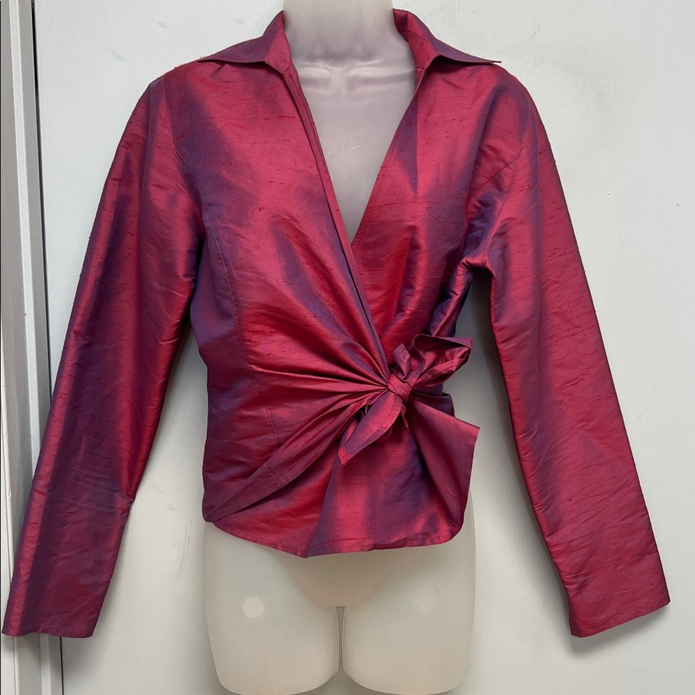 💕 Ann Taylor LOFT 100% Silk Wrap Blouse Jacket | Magenta Pink | Size 8